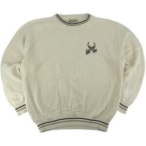 VTG Mens Cream Brown Northwest Territory Buck Deer Knitted Crewneck Sweater Sz L